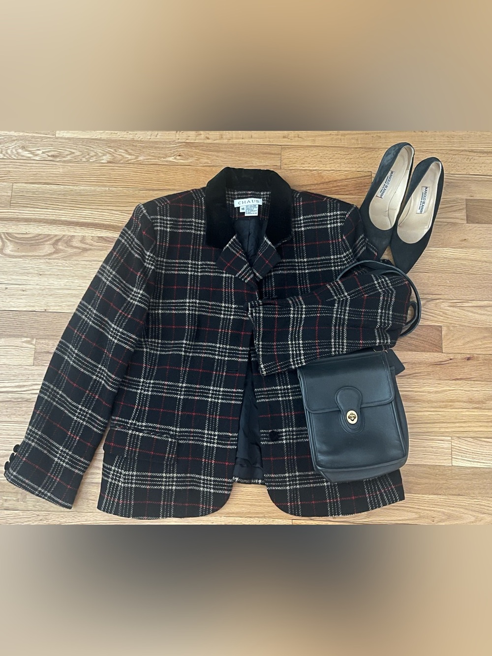 Chaus Black Plaid Blazer with Red & Cream Windowpane